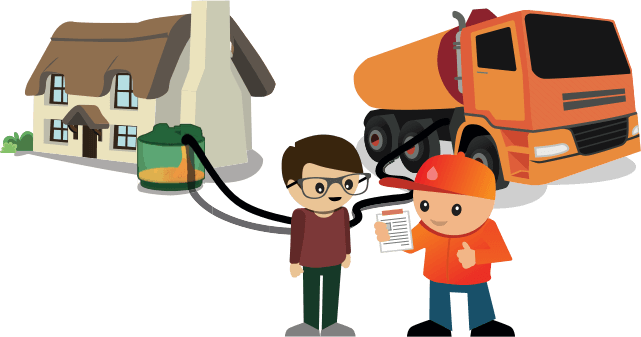 BoilerJuice Bob, a happy customer and a tanker.