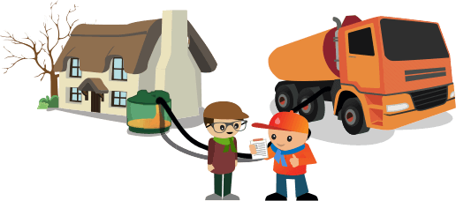 BoilerJuice Bob, a happy customer and a tanker.